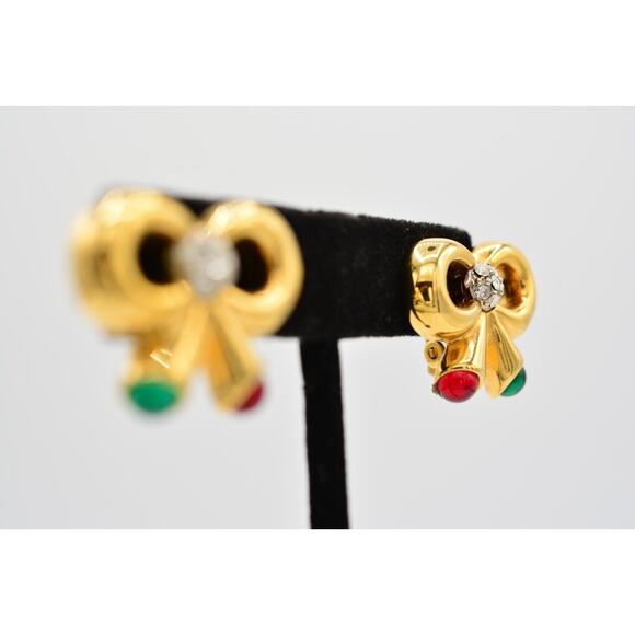 Joan Rivers Vintage Cabochon Bow Clip On Earrings Christmas Holiday Signed BinW - Picture 5 of 12